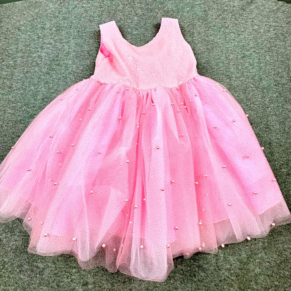 Pink Sequin Tulle Pearl Girl's Party Dress Princess Flower Girl Birthday *READ